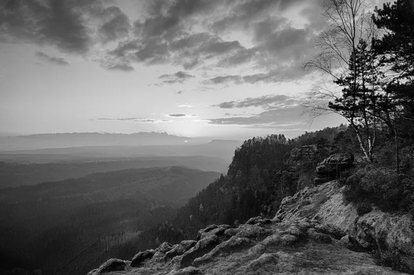 Vista hacia el profundo valle brumoso en el parque nacional alemán, Europa. Colina sobre valle, árboles aumentados de niebla. Imagen en blanco y negro . —  Fotos de Stock