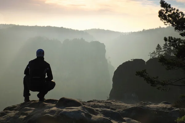 Der Sportler steht auf dem Felsen im Park der Felsenimperien und blickt über das neblig-trübe Morgental in die Sonne. schöner Moment das Wunder der Natur — Stockfoto