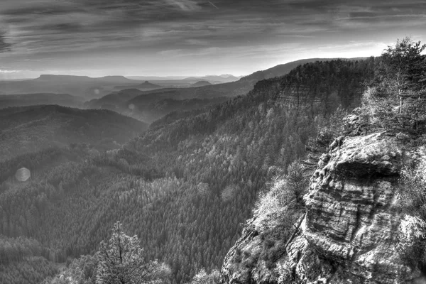 Vista hacia el profundo valle brumoso en el parque nacional alemán, Europa. Colina sobre valle, árboles aumentados de niebla. Imagen en blanco y negro . —  Fotos de Stock