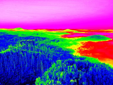 Fantastic infrared scan of rocky  landscape, pine forest with colorful fog clipart