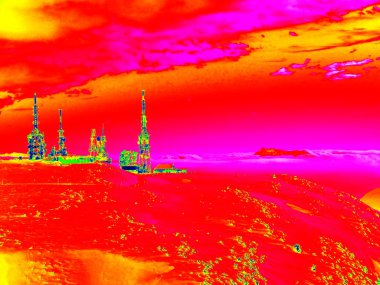 Kayalık peyzaj, çam ormanı ile renkli sis fantastik Kızılötesi tarama