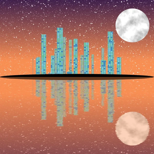 Night cityscape illustration with buildings on island — Stock Photo, Image