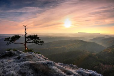 Günbatımı güzel bir kayalık park Bohemian-Saxony İsviçre içinde. Kumtaşı tepeler ve sisli arka plandan arttı tepeler turuncu güneş ışınları nedeniyle sis olduğunu.