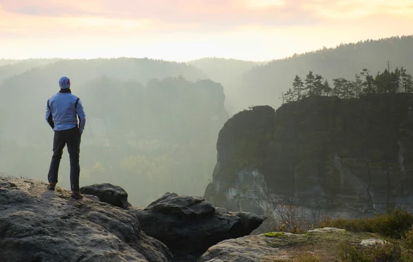 Der Sportler steht auf dem Felsen im Park der Felsenimperien und blickt über das neblig-trübe Morgental in die Sonne. schöner Moment das Wunder der Natur — Stockfoto