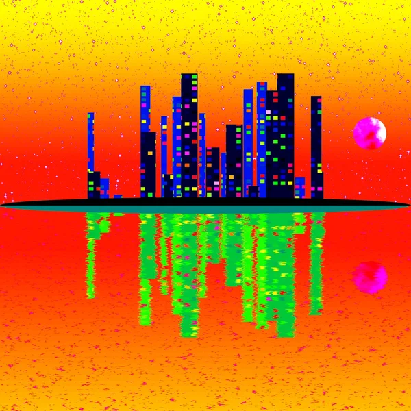 Scan of night cityscape illustration with buildings on island. Grunge background in amazing thermography colors. — Stock Photo, Image