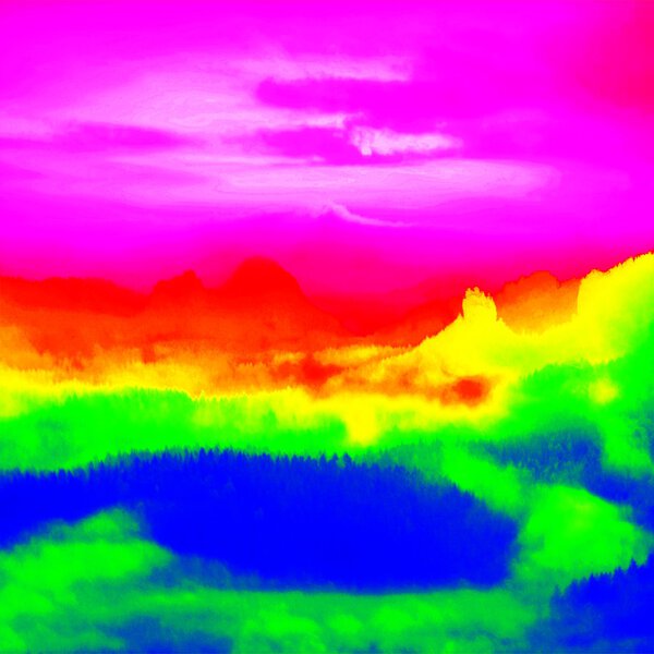 Fantastic infrared scan of rocky  landscape, pine forest with colorful fog, hot sunny sky above. Grunge background in thermography colors.