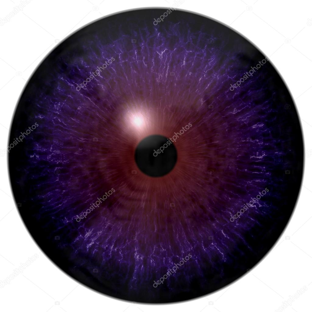 Animal eye with purple colored iris, detail view into eye bulb. Alien strange eye