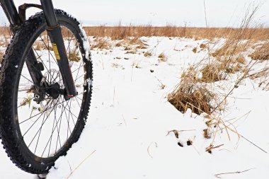 Dağ bisikleti ilk karda ön tekerlek. Karanlık sisli hava çayır eski kuru ot ile yukarıda. Lastik, çerçeve ve disk molada erimiş kar pul.