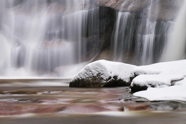 Winter detail of cascade and snowy boulders below waterfall. Wavy water level.. Stream in deep freeze. — Stock Photo, Image