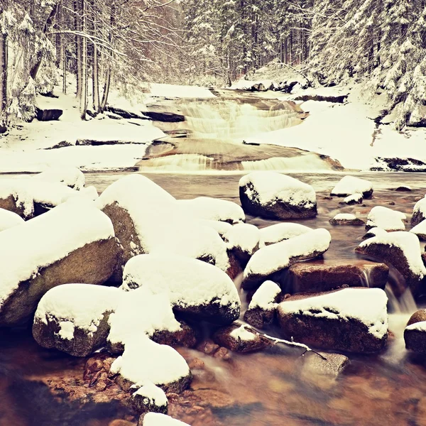 Winter am Gebirgsfluss. große Steine im Bach mit frischem Pulverschnee bedeckt und faules Wasser mit niedrigem Pegel. Reflexionen des Waldes im Wasserspiegel. — Stockfoto