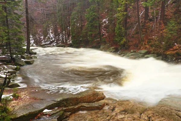 Riesige Wassermassen stürzen unten in einen schäumenden Teich. hohe Kaskade im Wald. Kristallgefrorenes Wasser des Gebirgsflusses. — Stockfoto