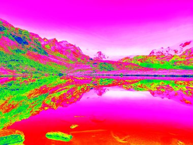 Lake level between sharp mountains in amazing thermography. clipart