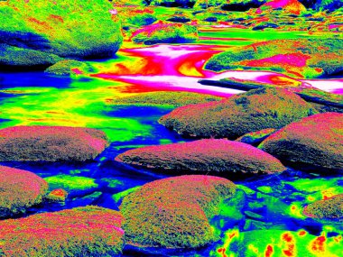 Mossy boulder and water level in shadows of trees. Cold water of mountain river in infrared photo. Amazing thermography. clipart