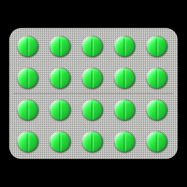 Emballé pilules colorées en feuille sur fond — Photo