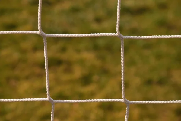 Detail of crossed soccer nets, soccer football in goal net with natural grass on football playground in the background Stock Photo