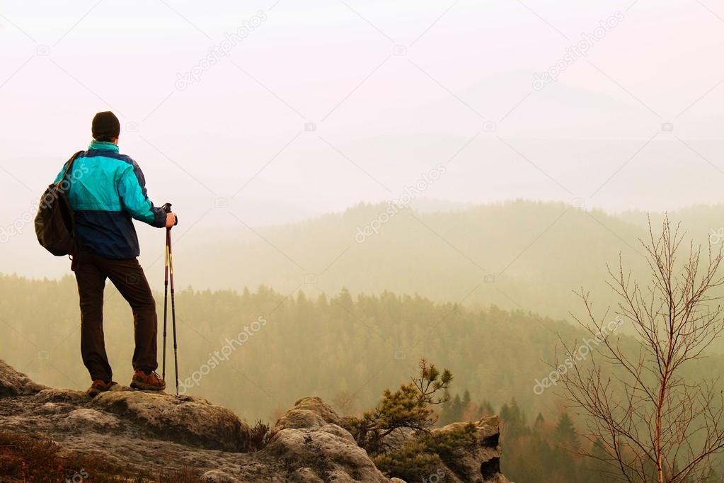Tourist in windcheater is climbing with poles in hands to rocky view point above  deep misty valley. Misty spring daybreak in rocky mountains.