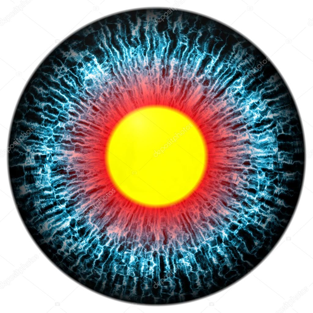 Golden eye with open pupil and bright yellow retina in background. Dark colorful  iris around pupil, detail view into eye bulb.