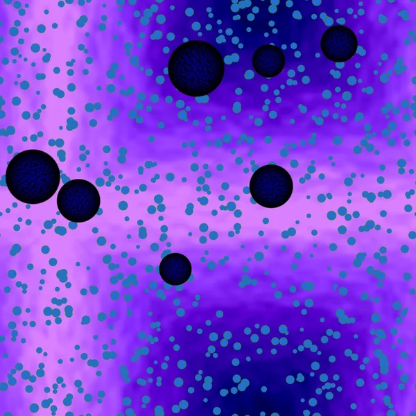 Sfere blu scuro viola di batteri pericolosi o virus. Oggetti ciotola quadrata in liquido viola brillante — Foto Stock