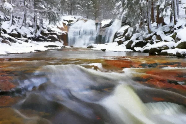 Watercolor paint. Winter view over snowy boulders to cascade of waterfall. Wavy water level.. Stream in deep freeze. — Stock Photo, Image