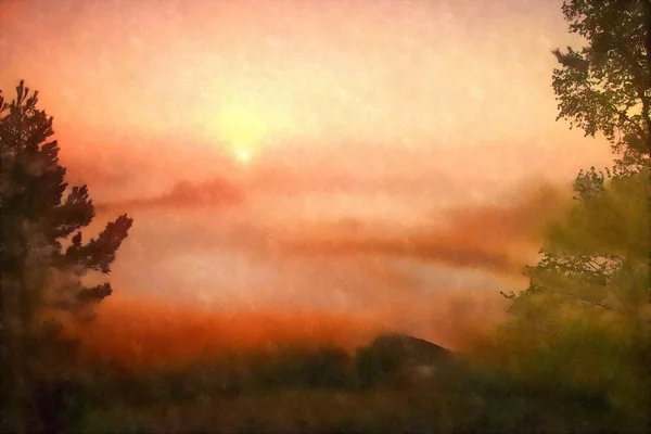 水彩絵の具。夜明けに霧深い谷に木を表示します。ドイツのザクセン スイス国立公園の砂岩視野に霧と霧の朝. — ストック写真