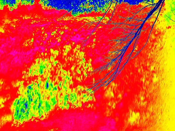 Foamy water of waterfall, looks like hot magma. Cold water of mountain river in infrared photo. Amazing thermography. — Stock Photo, Image