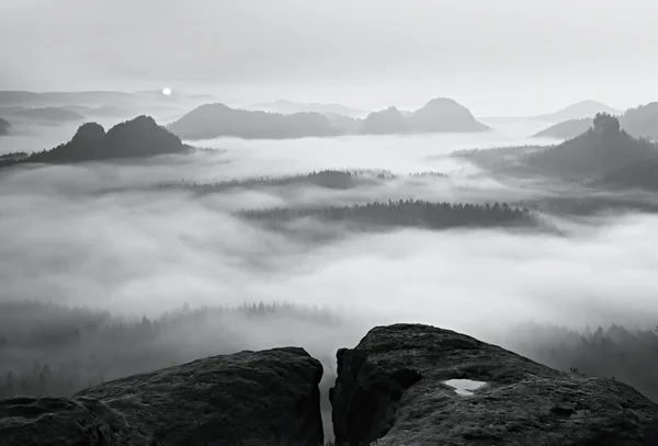 Autumn sunrise in a beautiful mountain within inversion. Peaks of hills increased from foggy background. Black and white photo. — Stock Photo, Image