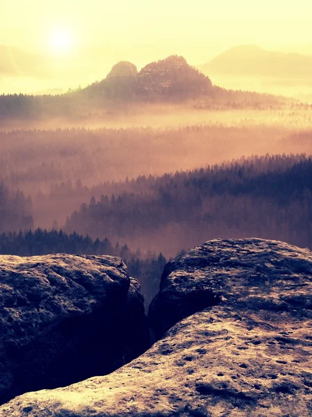 Terre froide et brumeuse d'automne dans des ombres colorées. Gouffre rocheux plein de brouillard doré et le soleil est caché dans la brume . — Photo