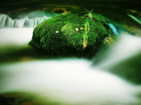 Big boulders covered by fresh green moss in foamy water of mountain river. Light blurred cold water with reflections, white whirlpools in rapids. — Stock Photo, Image