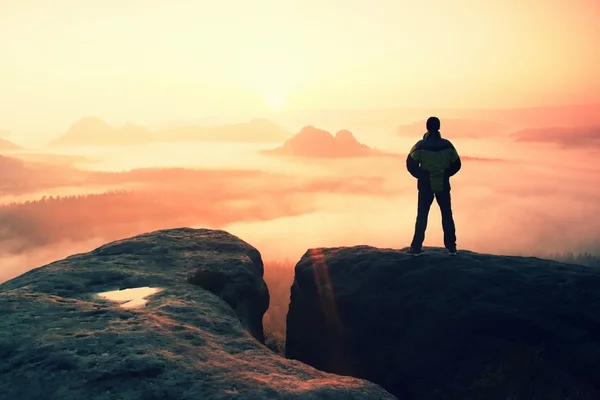 Moment of loneliness. Man on the rock empires  and watch over the misty and foggy morning valley to Sun — Stock Photo, Image