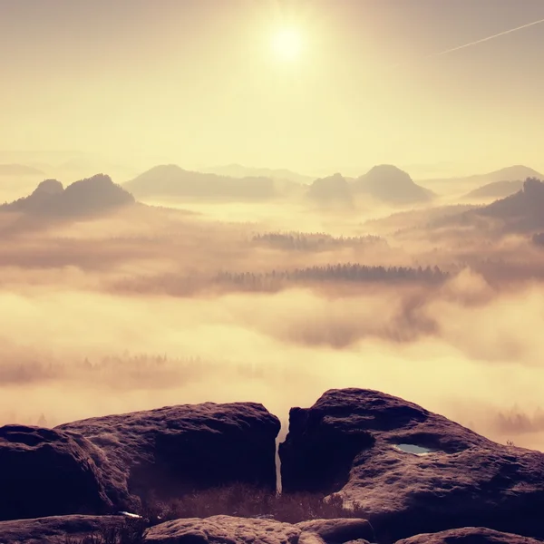 Fantastic sunrise on the top of the rocky mountain with the view into misty valley — Stock Photo, Image