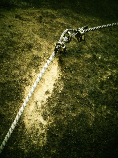 Stair climbing and irone twisted rope, climber path  on mountain via ferrata — Stock Photo, Image