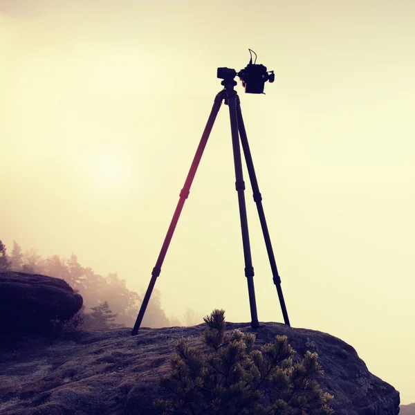 Tripé de basalto com câmera profissional no pico pronto para fotografia. picos de arenito aumentado a partir de fundo nevoeiro ouro — Fotografia de Stock