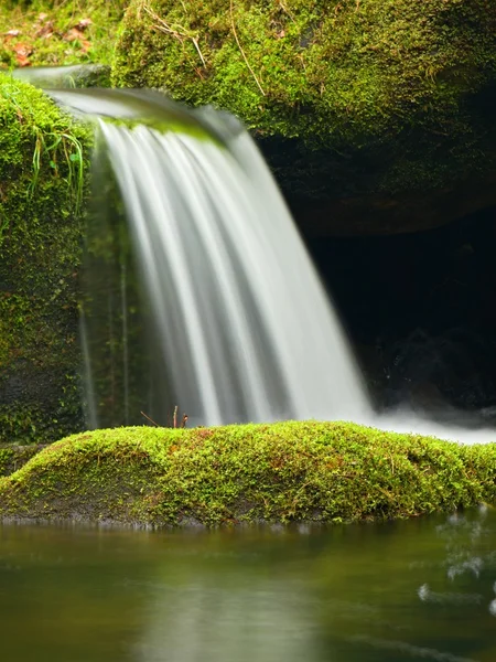 Trapsgewijs op kleine bergbeek. Koude kristalwater is basalt mossy keien omvallen in kleine zwembad. — Stockfoto