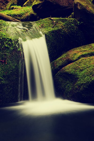 Cascade on small mountain stream. Cold crystal  water is falling over basalt mossy boulders into small pool.
