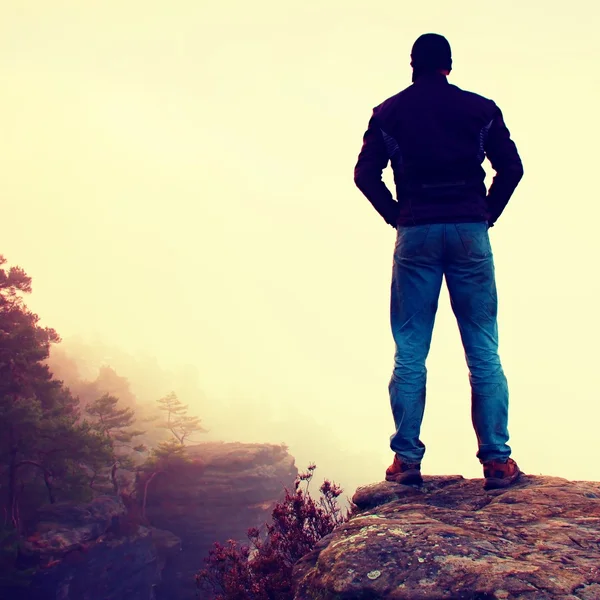 Tourist in black jacket and blue jeans on the sharp peak of rock above the misty and foggy morning valley looking into — Stock Photo, Image