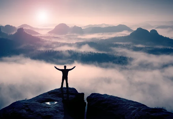 Gesto de triunfo. Feliz excursionista de negro. Hombre alto en el pico de roca arenisca en el parque nacional de Sajonia Suiza por encima del valle — Foto de Stock