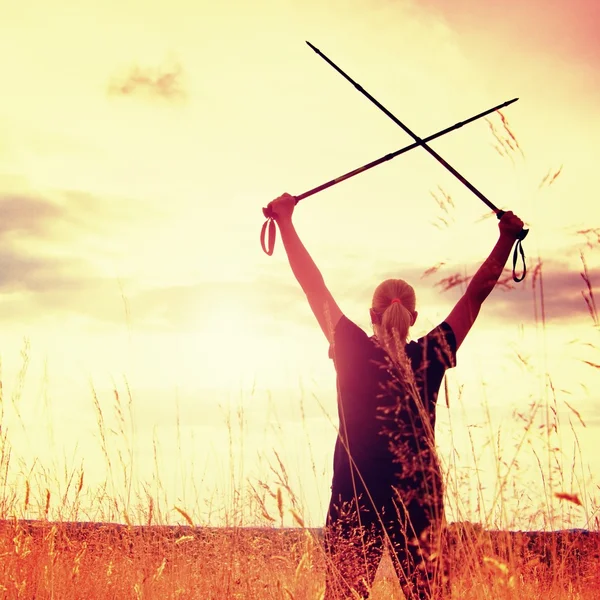 Happy girl  hiker with crossed poles in evening golden meadow — Stock Photo, Image