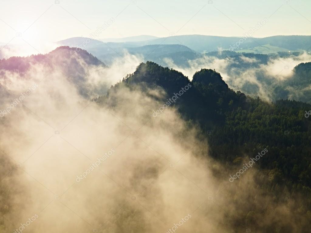 View into deep misty valley in Saxony Switzerland. Sandstone peaks increased from heavy colorful fog.