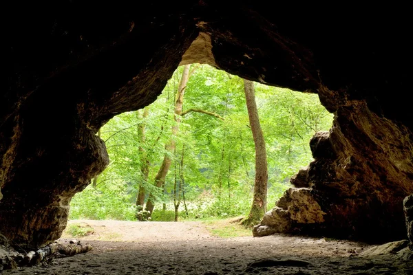Bergwald, Blick aus der Höhle. Sandsteinkuppel — Stockfoto