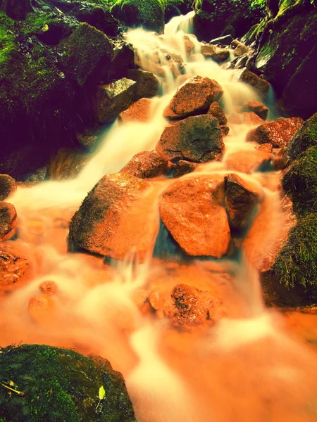 Cascate in un flusso rapido di acqua minerale. Sedimenti ferrici rossi su grossi massi tra felci verdi . — Foto Stock