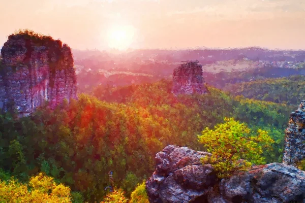 Pintura acuarela. Efecto de pintura. Populares escaladores en el parque nacional de Sajonia, Alemania. Agudos acantilados de arenisca sobre valle profundo . —  Fotos de Stock