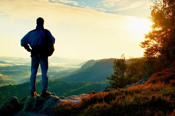 Silhouette of tourist with backpack. Sunny spring daybreak in rocky mountains. Hiker with sporty backpack stand on rocky view point above misty valley. — Stock Photo, Image