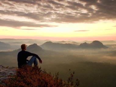 Uzun boylu karanlık gömlek sit rockatn heather çalılar üzerinde uzun yürüyüşe çıkan kimse puslu sabah sahne tadını çıkarın