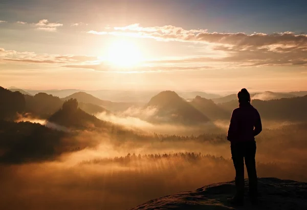 一人の若い少女の観光砂岩の岩の鋭い角に秋の夜明けをごちそうし、太陽に霧深い谷の上を見る. — ストック写真
