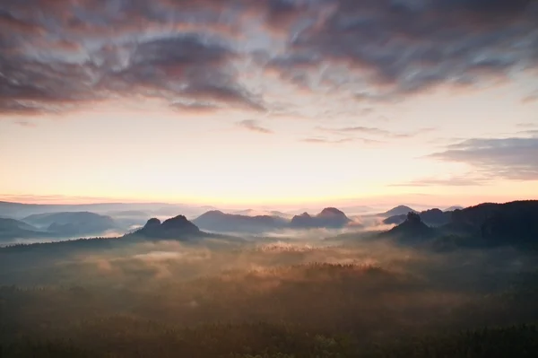 Tourist resort in Saxony. Fantastic dreamy sunrise on the top of the rocky mountain with the view into misty valley — Stock Photo, Image