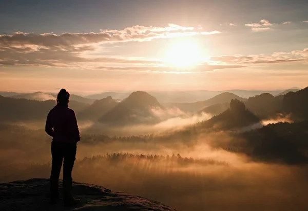 Solitario giovane ragazza festa turistica autunno alba sul tagliente angolo di roccia arenaria e guardare oltre nebbiosa valle al sole . Fotografia Stock