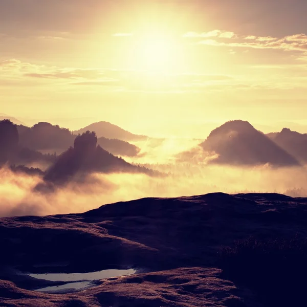山の風景のカラフルな秋の朝。劇的な曇り空。ザクセン国立公園、ヨーロッパ。美の世界. — ストック写真
