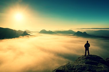 Adam kumtaşı kaya Saksonya İsviçre Parkı ve doğa mucizesi güneş güzel izlerken tepe üzerinde duruyor