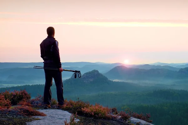 Silhouet van toeristische gids met stokken in de hand. Wandelaar met sportieve sportkleding op scherpe weergave punt boven mistige vallei staan. Zonnige daybreak in rocky mountains. — Stockfoto