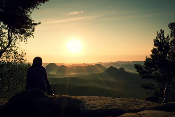 Genç kadın uzun yürüyüşe çıkan kimse bir dinlenme feryat ağaç dağ tepe üzerinde alır ve sonbahar daybreak keyfini çıkarın — Stok fotoğraf